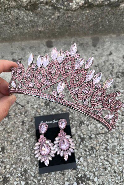 Hobigram Grace Pink Bridal Tiara and Wide Shuttle Earrings Set – Wedding Evening Dress Accessory with Stones