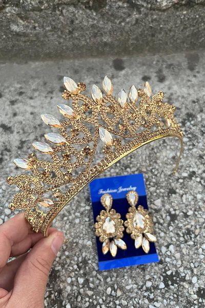 Hobigram Grace Gold Bridal Tiara and Three Shuttle Earrings Set – Wedding Evening Dress Accessory with Stones