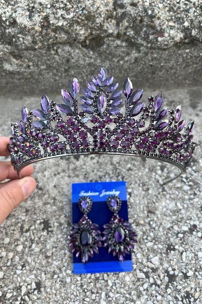 Hobigram Madeline Bridal Set – Purple Crown and Wide Shuttle Earrings Set, Henna Wedding Accessory