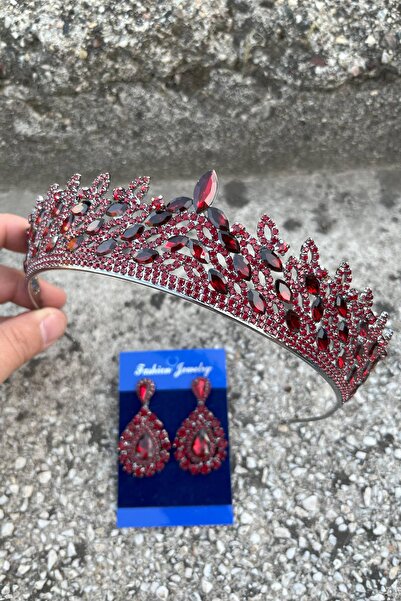 Hobigram Amara Burgundy Crown and Drop Shuttle Earrings Set – Sparkling Evening Dress Bridal Set