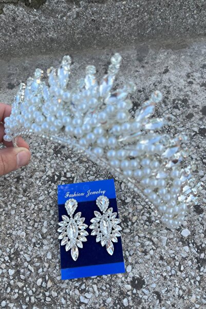 Hobigram Daisy Cream Pearl Crown and Thin Shuttle Earrings Set – Sparkling Evening Dress Bridal Set