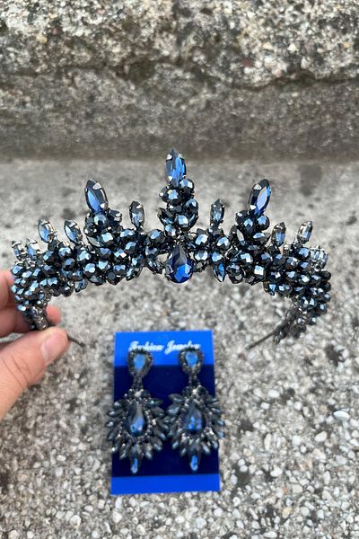 Hobigram Thalia Crown Wide Shuttle Earring Set Navy Blue – Sparkling Evening Dress Accessory with Stones for Bridal Henna Wedding