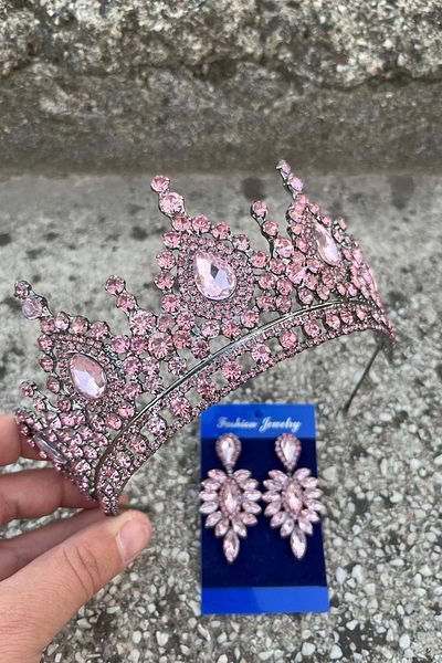 Hobigram Eveline Pink Crown Thin Shuttle Earring Set – Henna Engagement Wedding Evening Dress Accessory Set