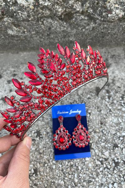 Hobigram Madeline Bridal Set – Red Crown and Drop Shuttle Earrings Set, Henna Wedding Accessory