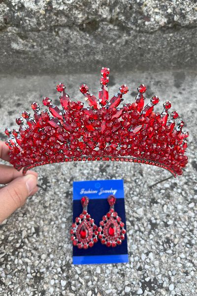 Hobigram Daisy Red Crown and Drop Shuttle Earrings Set – Sparkling Evening Dress Bridal Set