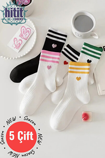 Hitit Socks Дамски 5 чифта висококачествени тенис чорапи с раиран сърцевиден мотив