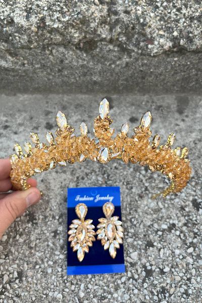 Hobigram Thalia Crown Thin Shuttle Earring Set Gold – Sparkling Evening Dress Accessory with Stones for Bridal Henna Wedding