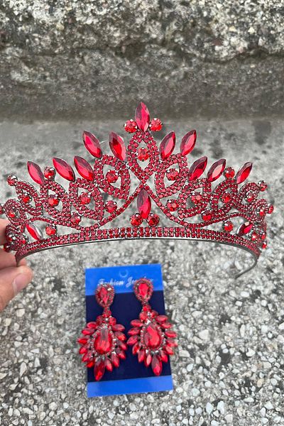 Hobigram Grace Red Bridal Crown and Wide Shuttle Earrings Set – Wedding Evening Dress Accessory with Stones
