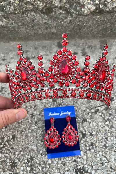 Hobigram Eveline Red Crown Drop Shuttle Earring Set – Henna Engagement Wedding Evening Dress Accessory Set