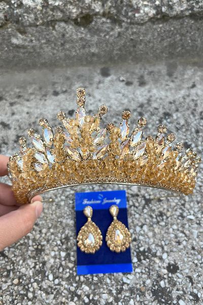 Hobigram Daisy Gold Yellow Crown and Drop Shuttle Earrings Set – Sparkling Evening Dress Bridal Set