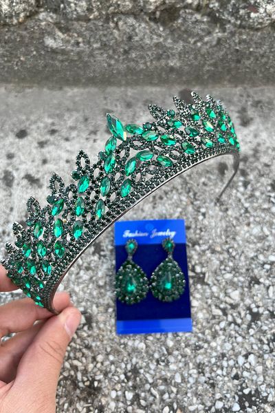 Hobigram Amara Green Crown and Drop Shuttle Earring Set – Sparkling Evening Dress Bridal Set