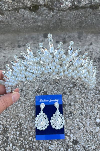 Hobigram Daisy Cream Pearl Crown and Drop Shuttle Earring Set – Sparkling Evening Dress Bridal Set