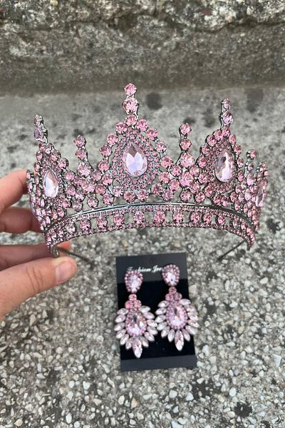 Hobigram Eveline Pink Crown Wide Shuttle Earring Set – Henna Engagement Wedding Evening Dress Accessory Set