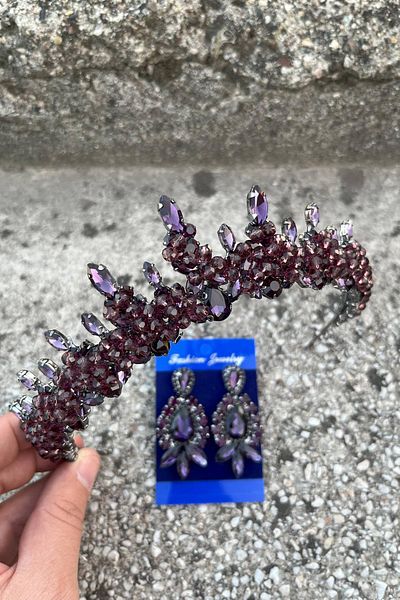 Hobigram Thalia Crown Three Shuttle Earrings Set Purple – Sparkling Evening Dress Accessory with Stones for Bridal Henna Wedding