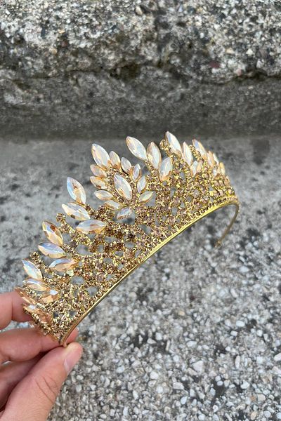 Hobigram Madeline Gold Evening Dress Crown – Wedding Henna Engagement Crown with Stones, Bridal Accessory Model