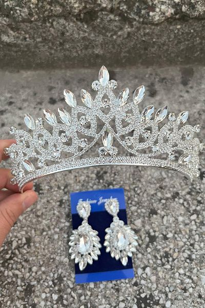 Hobigram Grace Silver Bridal Tiara and Wide Shuttle Earrings Set – Wedding Evening Dress Accessory with Stones