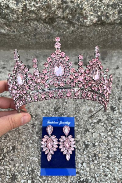 Hobigram Eveline Pink Crown Thin Shuttle Earring Set – Henna Engagement Wedding Evening Dress Accessory Set