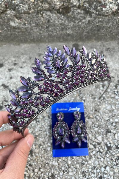 Hobigram Madeline Bridal Set – Purple Crown and Three Shuttle Earrings Set, Henna Wedding Accessory