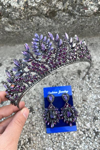 Hobigram Madeline Bridal Set – Purple Crown and Wide Shuttle Earrings Set, Henna Wedding Accessory