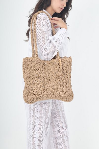 İslamEREN Lined Hand Knitted Summer Straw Shoulder Bag / Straw Beach Bag / Straw Daily Bag