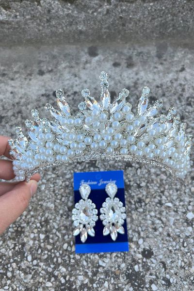 Hobigram Daisy Cream Pearl Crown and Three Shuttle Earrings Set – Sparkling Evening Dress Bridal Set