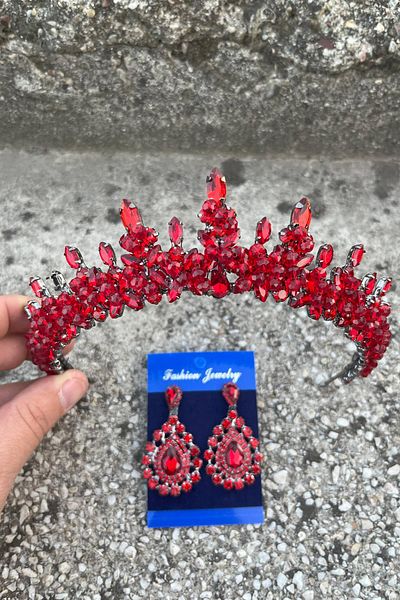 Hobigram Thalia Crown Drop Shuttle Earring Set Red – Sparkling Evening Dress Accessory with Stones for Bridal Henna Wedding