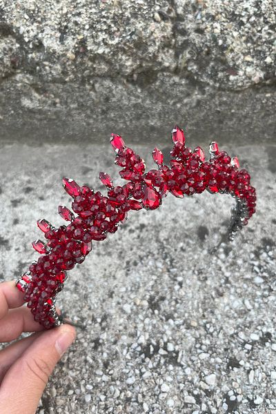 Hobigram Thalia Model Burgundy Crown – Showy Hair Crown with Stones for Bridal Henna Wedding Evening Dress