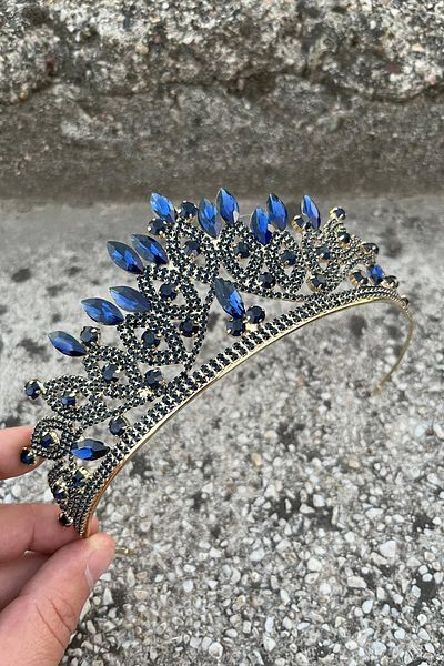 Hobigram Grace Navy Blue Gold Crown – Sparkling Stone Bridal Henna Crown, Wedding Evening Dress Accessory Model