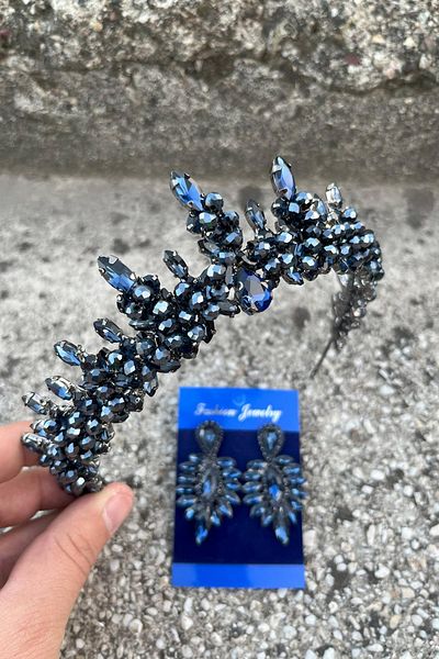 Hobigram Thalia Crown Thin Shuttle Earring Set Navy Blue – Sparkling Evening Dress Accessory with Stones for Bridal Henna Wedding