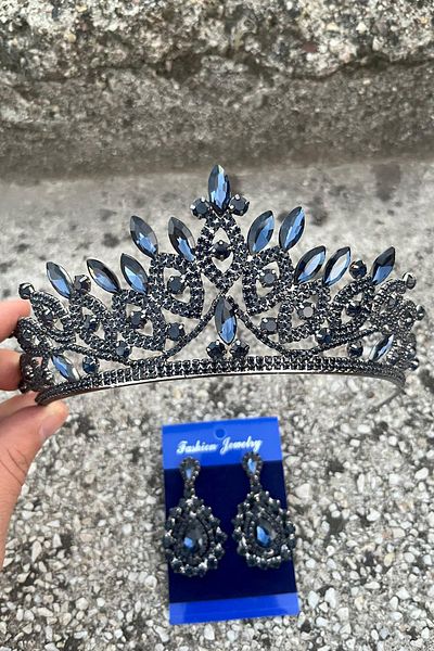 Hobigram Grace Navy Blue Bridal Crown and Drop Shuttle Earring Set – Wedding Evening Dress Accessory with Stones