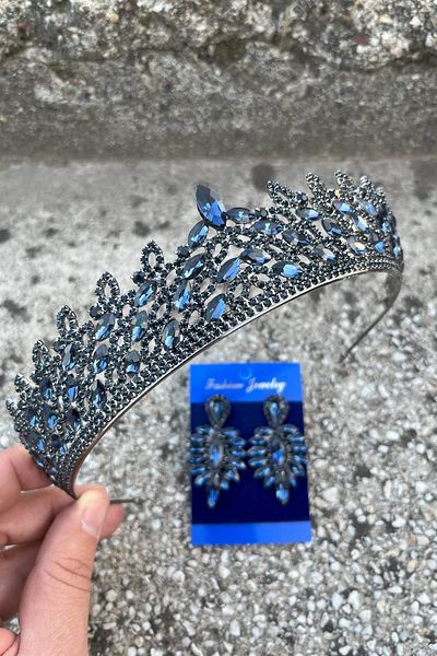 Hobigram Amara Navy Blue Crown and Thin Shuttle Earrings Set – Sparkling Evening Dress Bridal Set