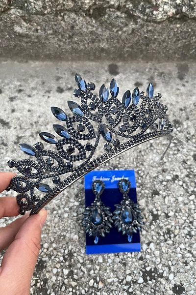Hobigram Grace Navy Blue Bridal Crown and Wide Shuttle Earring Set – Wedding Evening Dress Accessory with Stones
