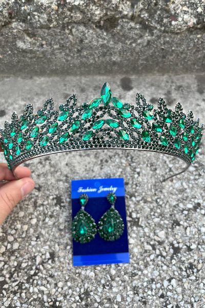 Hobigram Amara Green Crown and Drop Shuttle Earring Set – Sparkling Evening Dress Bridal Set