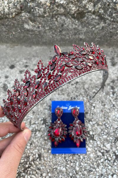 Hobigram Amara Burgundy Crown and Wide Shuttle Earring Set – Sparkling Evening Dress Bridal Set
