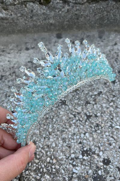Hobigram Daisy Stone Bridal Tiara – Water Green Henna Wedding Crown Model, Shiny Hair Accessory