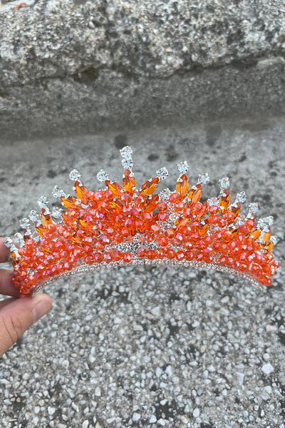Hobigram Daisy Stone Bridal Tiara – Orange Henna Wedding Crown Model, Hair Accessory