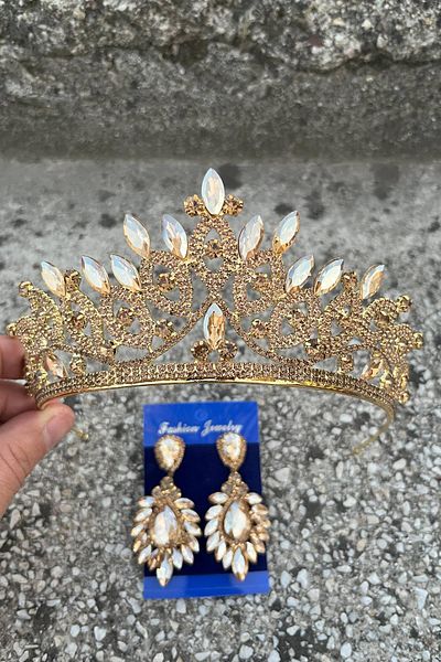 Hobigram Grace Gold Bridal Tiara and Wide Shuttle Earrings Set – Wedding Evening Dress Accessory with Stones