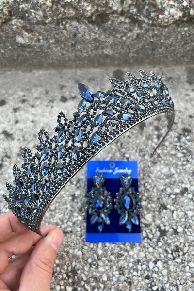 Hobigram Amara Navy Blue Crown and Three Shuttle Earrings Set – Sparkling Evening Dress Bridal Set