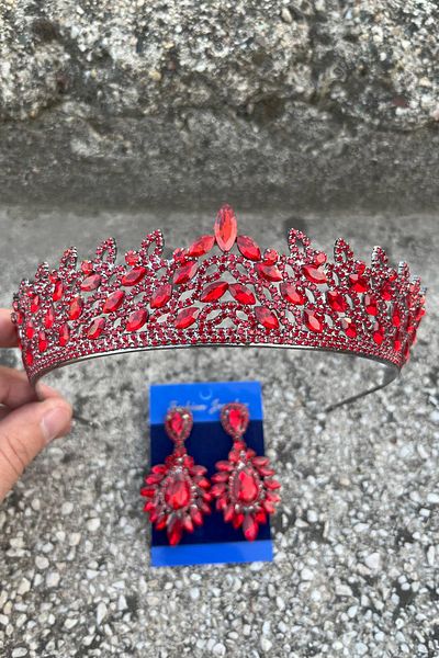 Hobigram Amara Red Crown and Wide Shuttle Earring Set – Sparkling Evening Dress Bridal Set