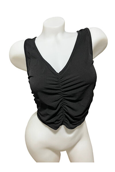 FEMMEA Black Tie Collar Crop Bluz