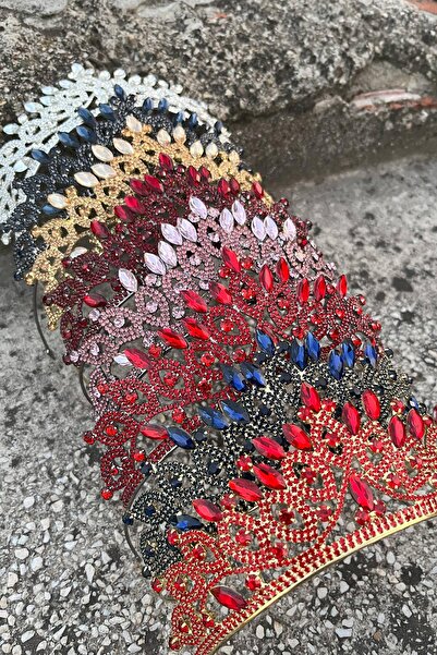 Hobigram Grace Red Bridal Crown and Wide Shuttle Earrings Set – Wedding Evening Dress Accessory with Stones