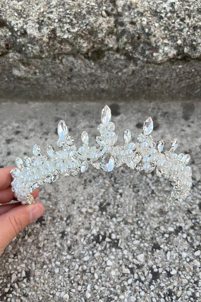 Hobigram Thalia Model Silver Crown – Bridal Henna Wedding Evening Dress with Stones for Showy Hair Crown