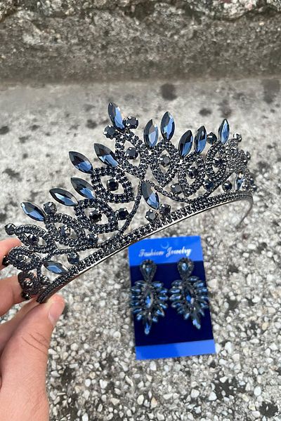 Hobigram Grace Navy Blue Bridal Crown and Thin Shuttle Earring Set – Wedding Evening Dress Accessory with Stones
