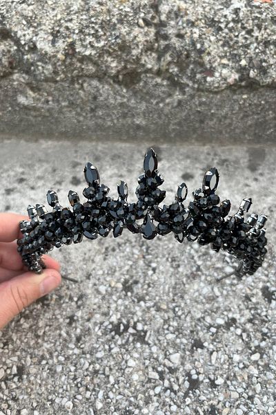 Hobigram Thalia Model Black Crown – Bridal Henna Wedding Evening Dress with Stones for Showy Hair Crown