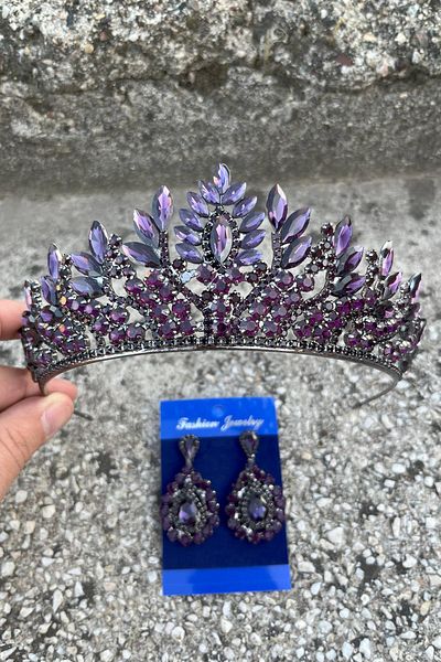 Hobigram Madeline Bridal Set – Purple Crown and Drop Shuttle Earrings Set, Henna Wedding Accessory