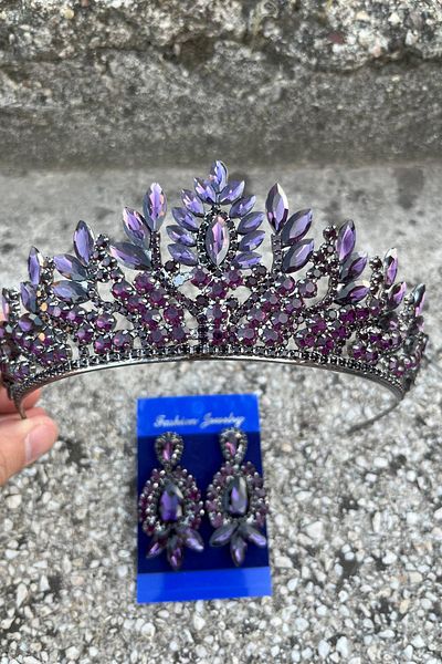 Hobigram Madeline Bridal Set – Purple Crown and Three Shuttle Earrings Set, Henna Wedding Accessory