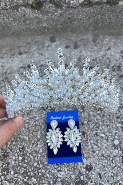Hobigram Daisy Cream Pearl Crown and Thin Shuttle Earrings Set – Sparkling Evening Dress Bridal Set