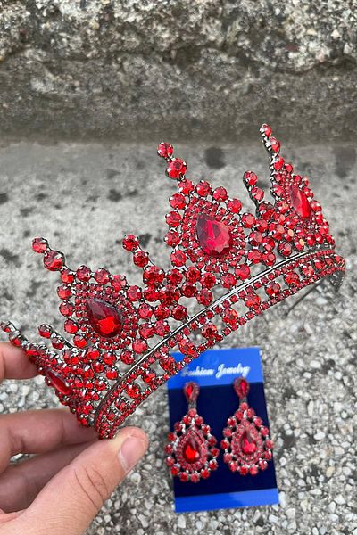 Hobigram Eveline Red Crown Drop Shuttle Earring Set – Henna Engagement Wedding Evening Dress Accessory Set