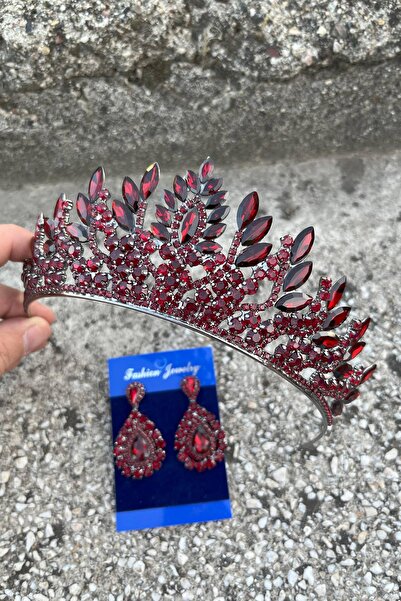 Hobigram Madeline Bridal Set – Burgundy Crown and Drop Shuttle Earrings Set, Henna Wedding Accessory