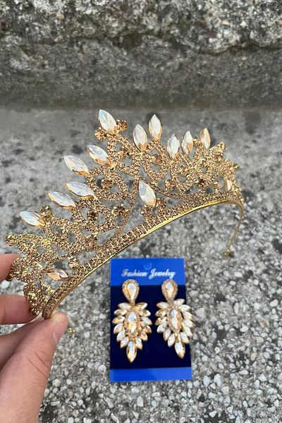 Hobigram Grace Gold Bridal Tiara and Thin Shuttle Earring Set – Wedding Evening Dress Accessory with Stones